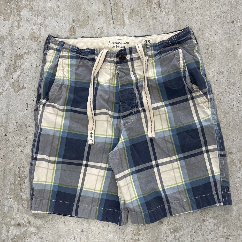 Vintage Abercrombie & Fitch Shorts Mens 33 Blue Plaid 9" Button‎ Fly Drawstring